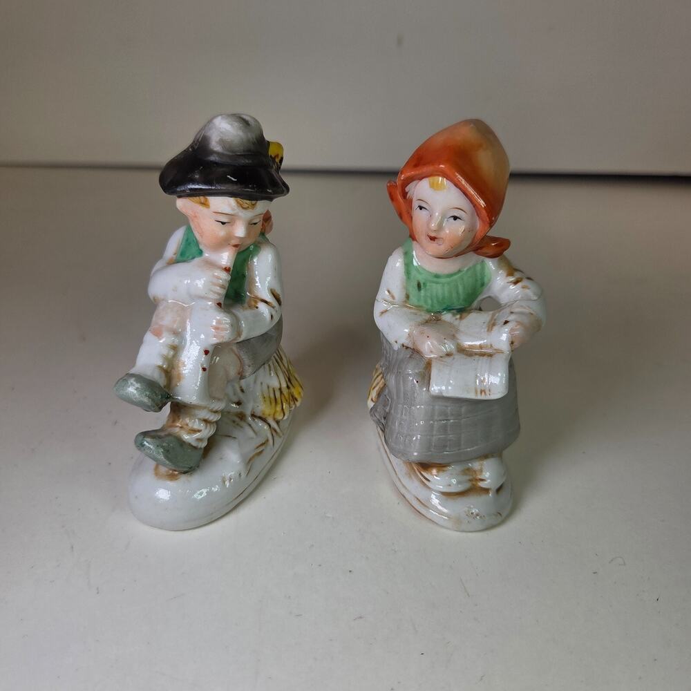 Vintage Japan Boy Playing Flute & Girl Sitting Ceramic Figurines 3.5in Pair